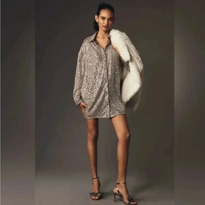 NWT new Anthropologie flat white sequin tunic dress shirt small taupe sparkle